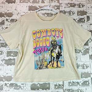 Rebellious One Men's Beige Cowboys Rodeo Tour Graphic Crew Neck Tee Cotton L